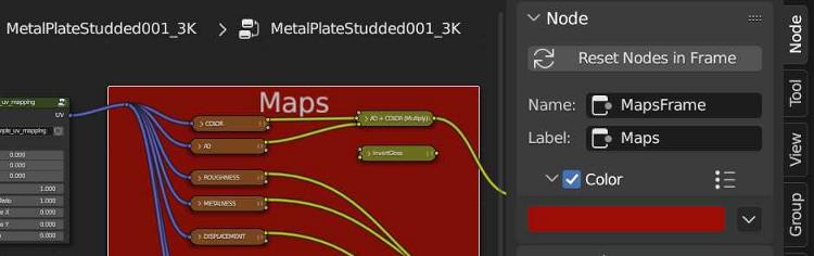A node frame for PBR maps is lapeled and colored red in the shader editor. 