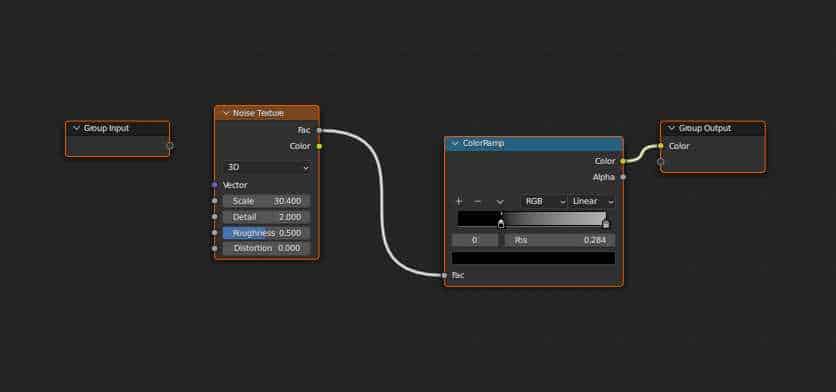 A custom node setup with a noise texture and color ramp plugged into a group output node in Blender. 