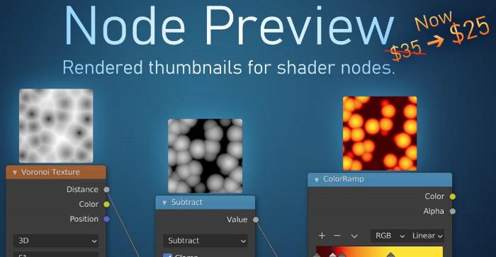The thumbnail of the node preview add-on displays node previews above Blender nodes in the shader editor. 