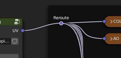 A mapping node is connected to a reroute node with curving noodles in Blender. 