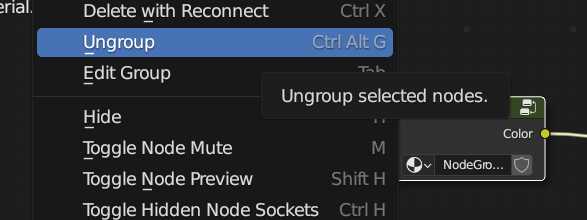 In Blender, a context menu is open with the option to ungroup selected nodes is highlighted. 