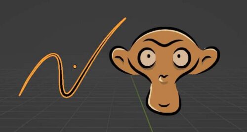 Two types of grease pencil objects (stroke and monkey) are in Blender's viewport. 