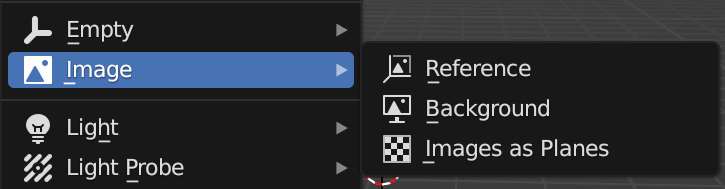 The types of image (reference, background and images as planes) available to add in Blender are shown in a menu. 