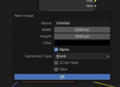 The new image settings for a new image texture in Blender are displayed. 