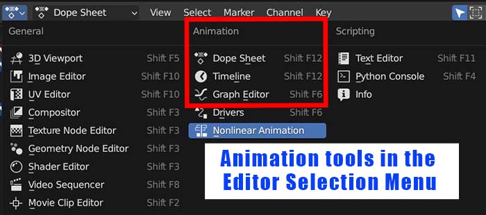 The three main animation editors in Blender are highlighted in the editor selection menu. 