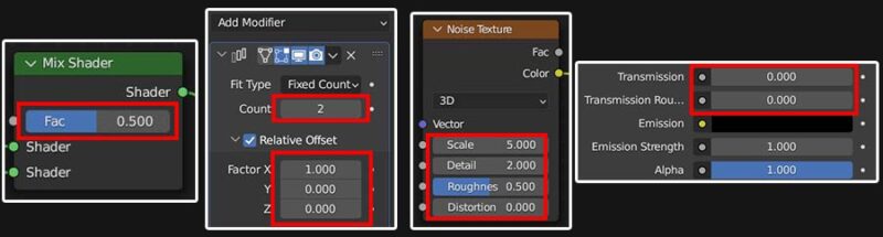 Values which can be animated in the mix shader, the array modifer, the noise texture node and in the materials properties panel are highlighted. 