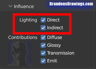 The bake influence settings are displayed. To have light from a scene not affect the bake, we must turn off direct and indirect lighting. 