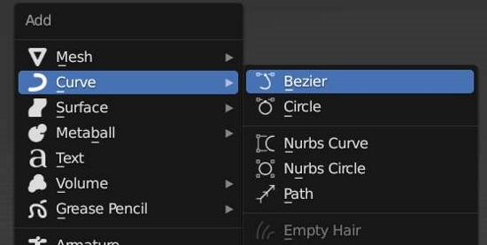 In the add objects menu, curve objects are selected. 