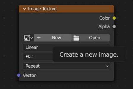 An image texture node with the "new" button highlighted.