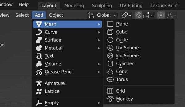 The add menu at the top of the viewport displays various object types that can be added to a Blender scene. 