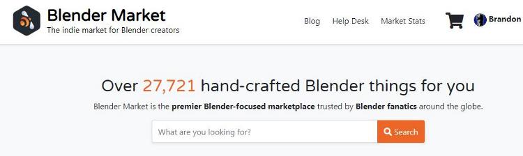 The Blender Market website header showing the site has over 27,000 products for Blender. 