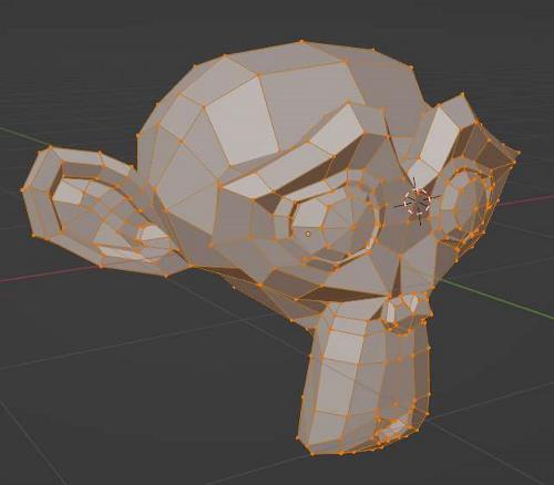 A mesh Suzanne monkey in Blender's 3D viewport (Edit Mode). 