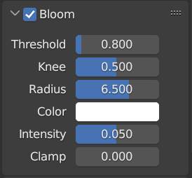 The bloom settings are displayed in the render properties panel when Eevee is set as the render engine. 