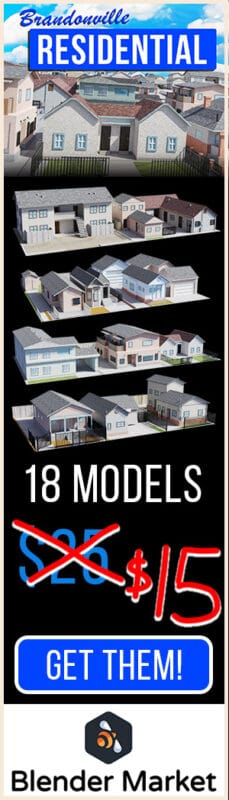 A collection of 3D models of residential houses and apartment buildings in a neighborhood available on Blender Market.