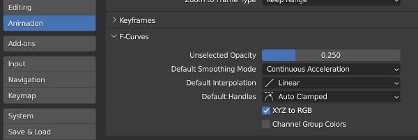 In Blender's user preferences, the default interpolation setting is displayed and set to linear in the animation tab.