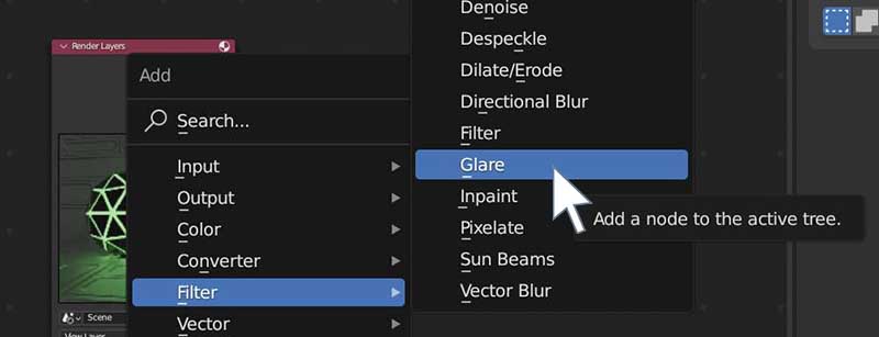 The add node menu is open in the Blender compositor and the glare node is highlighted in the filter category. 