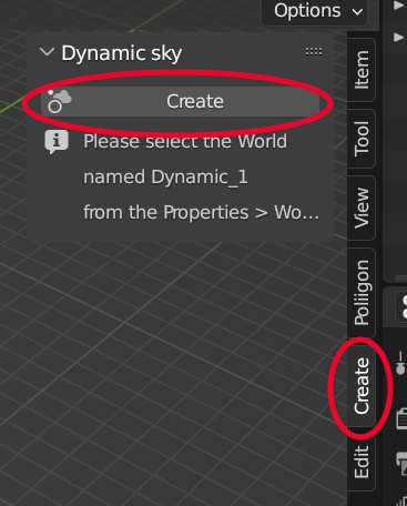 The create option in the sidebar is where we add a dynamic sky world. 