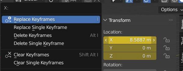 Right clicking on a keyframed value in the Blender sidebar displays options to delete or clear keyframes for that value. 