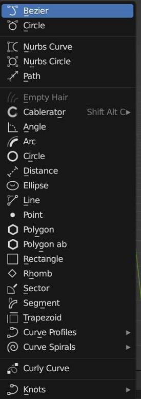 The list of available curve objects that can be added with the Extra Objects: Curves add-on for Blender. 