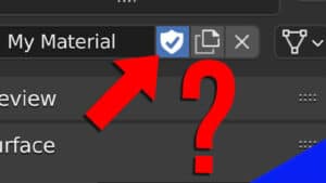 The shield icon for "fake user" is highlighted in the Blender material properties pane.