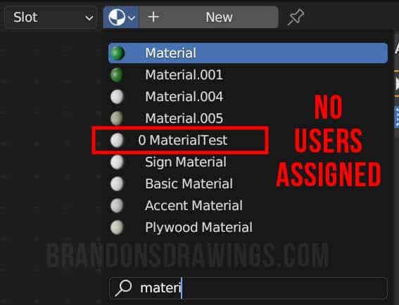 In the material data block menu, a material is highlighted with no assigned users. 