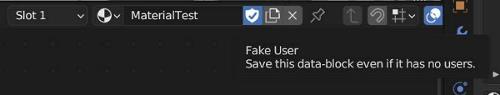 The fake user shield is active on the material data block menu in Blender. 
