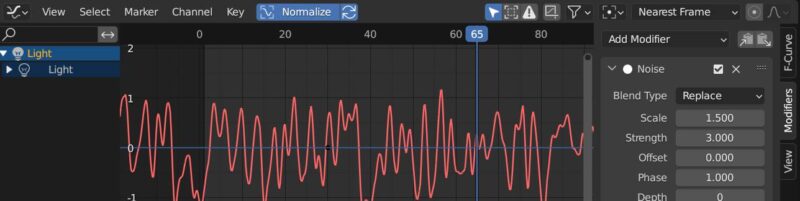 A noise modifier is added to an f-curve in Blender's graph editor. 