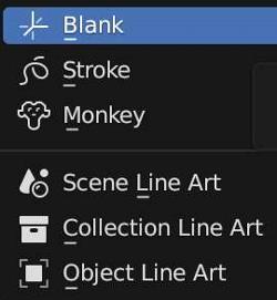 A menu shows types of grease pencil objects which can be added in Blender. 