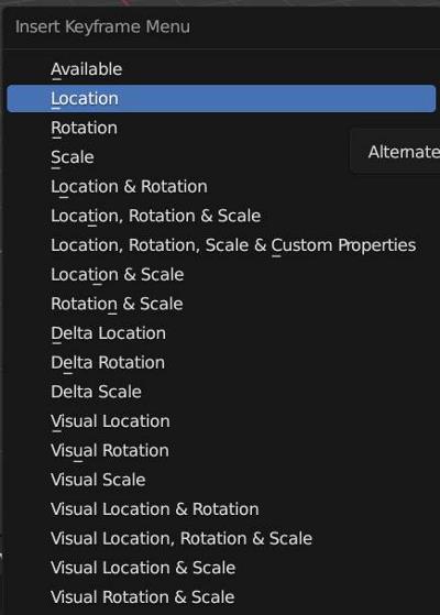 The list of animation keyframe types form the insert keyframe menu in Blender. 