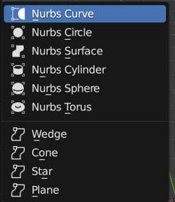 A menu of nurbs surface types that can be added in Blender. 
