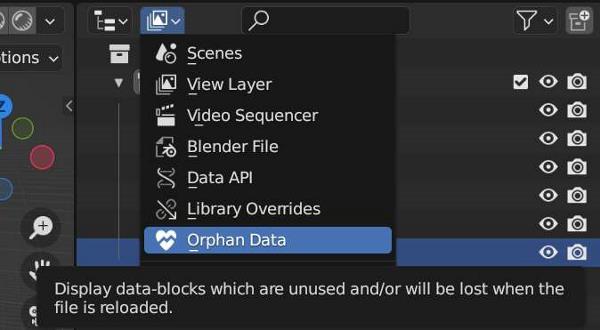 The orphan data display mode is highlighted from the drop down box in the Blender Outliner. 