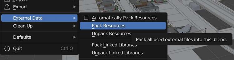 In the Blender file menu, options to pack and unpack external resources are displayed. 