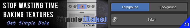 The Simple Bake logo and baking buttons from the Blender render properties panel are displayed. 