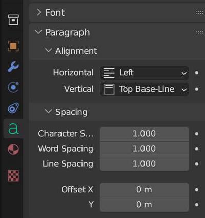 The paragraph alignment and spacing settings for 3D text in Blender are displayed in the properties panel. 