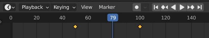 In the Blender timeline editor, two keyframes are highlighted. 