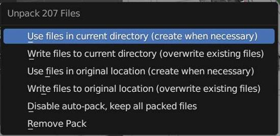 An options menu for how to unpack resources in a Blender file displays. 