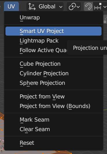 Smart UV Project is selected from the list of UV unwrap options in Blender. 