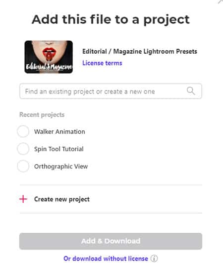 A screen to add a new license to an asset from Envato Elements shows a list of previous projects and the option to create a new project for the license.