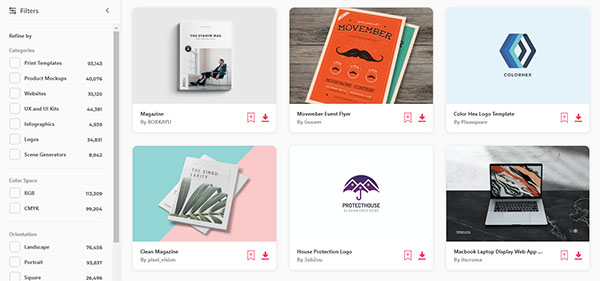 Examples of graphic social media and print templates available on Envato Elements. 