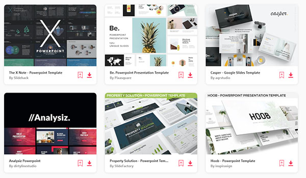 Examples of powerpoint, keynote and google slide templates available on Envato Elements.