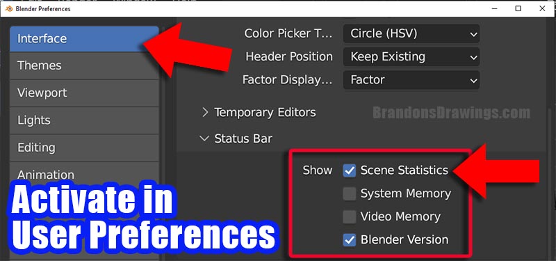 The scene statistics check box is toggled on in the interface tab of the user preferences. 