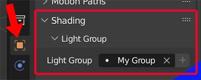 In the object properties panel, the light group settings display under the shading tab. 