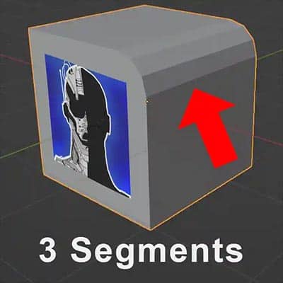 Edge bevel with three segments is demonstrated on the default cube in the Blender viewport.