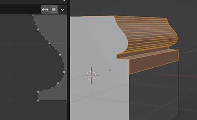 The "Crown Molding" preset for custom bevel profiles is selected and displayed on a beveled edge in the Blender 3D viewport.