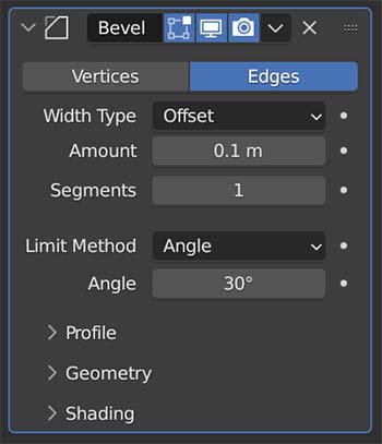 The bevel modifier settings are displayed in the modifier properties panel. 
