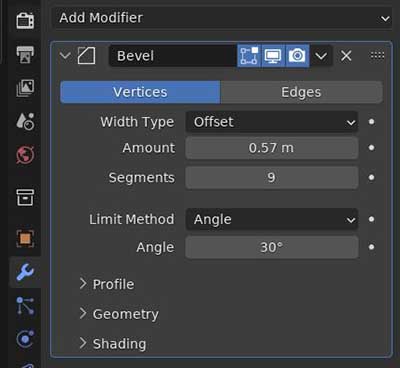 The settings for the Bevel Modifier are displayed in the Blender modifier properties tab.