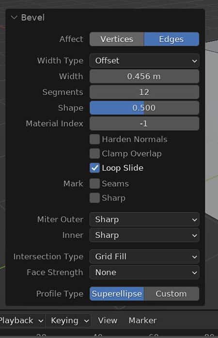 The operator panel in the bottom left of the Blender 3D viewport is expanded to show controls for the bevel operation.