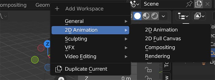 The add workspace menu is selected and a list of additional workspace presets are shown in the Blender user interface. 