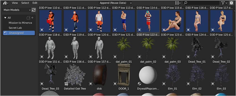 The Blender Asset Browser filled with 3D models of people, objects and PBR materials.