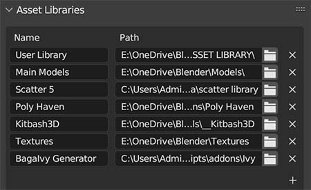 In the asset libraries preferences, several library paths for the Blender asset browser are displayed. 